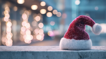 Festive red Santa hat with fluffy white trim rests on stone surface, surrounded by blurred background of colorful holiday lights, evoking cheerful Christmas spirit