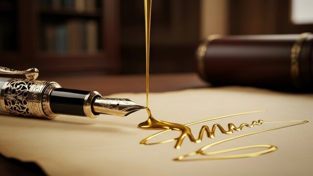 An ornate fountain pen dripping thick, molten gold onto a piece of parchment.