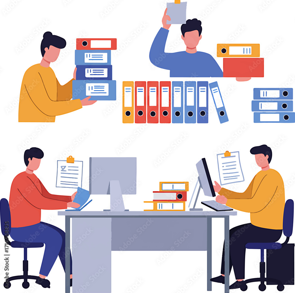 Poster office workers handling documents files and working on computers in vector illustration.