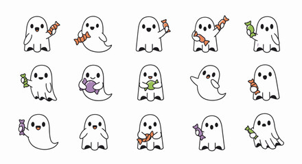 Cute Ghost Halloween Cartoon Characters Set.
