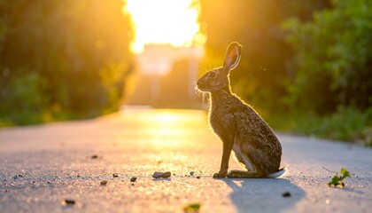 Hare at sunset on a road