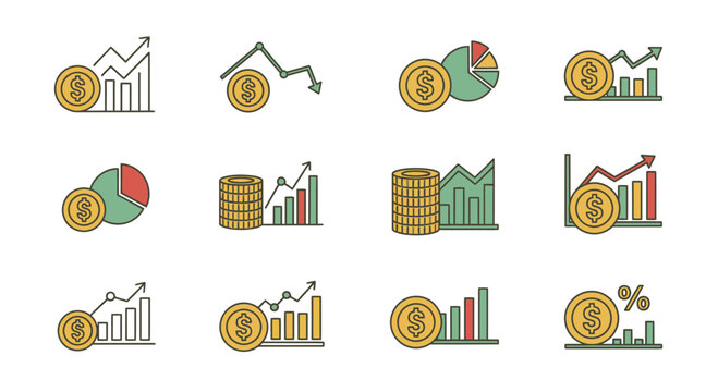 Financial Growth and Decline Charts with Coins Icon Set.