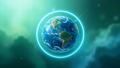 Fototapeta premium Glowing Earth Globe Surrounded by Neon Ring, Abstract Background, Futuristic Concept.