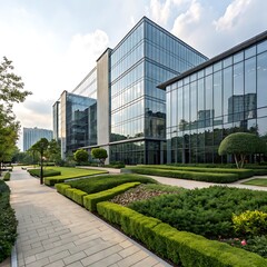Modern glass office buildings with lush green landscaping and paved walkway