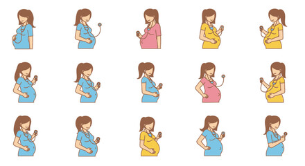 Pregnant Women with Stethoscopes and Smartphones Vector Set.