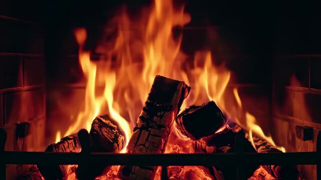 Slow motion video of cosy fireplace with reddish fire on black background
