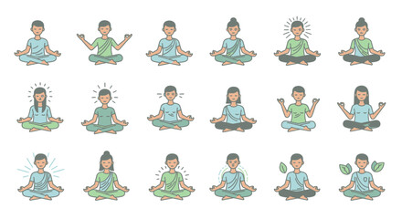 Set of Meditating People Showing Different Emotions and Mindfulness States.