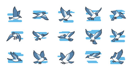 Set of various flying birds in different poses and angles.