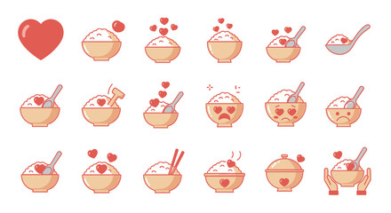 Various Rice Bowls with Hearts and Spoons.