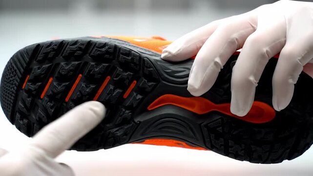 Close-up of orange shoe sole revealing design and texture during quality inspection