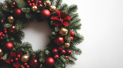 Festive Christmas wreath adorned with red and gold ornaments, pinecones, and vibrant red flowers, creating warm and inviting holiday atmosphere