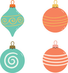 Flat design Christmas baubles in green and orange colors, decorated with swirls and stripes, festive ornaments for holiday celebration decoration