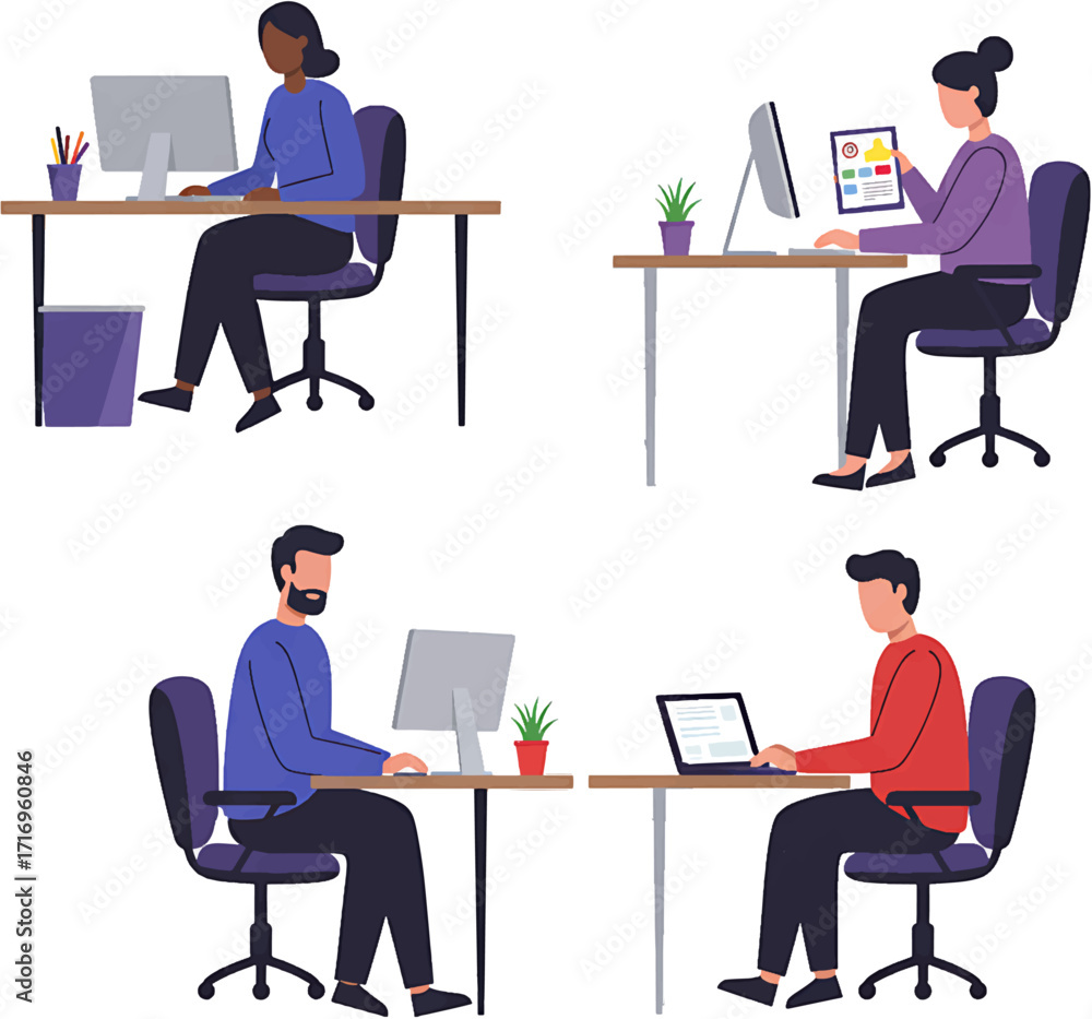 Poster four people working at desks with computers and tablets in an office setting.