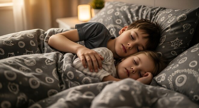 Two Young Children Sleeping Peacefully in Cozy Patterned Bedroom at Night - Powered by Adobe