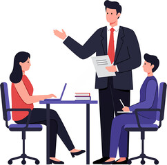 Business Meeting Illustration: Manager Presenting to Team Members at Desk.