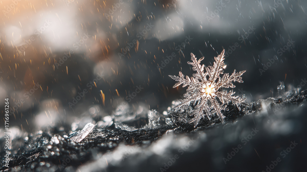 Poster delicate snowflake rests on dark surface, glistening in light. background features blurred droplets,