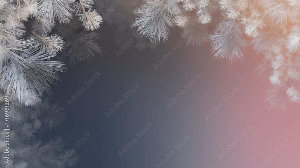 Poster frosted pine branches frame serene gradient background, creating tranquil winter atmosphere. soft hu
