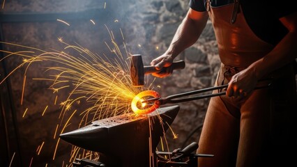 A blacksmith in a leather apron hammering a glowing horseshoe on an anvil, creating sparks.