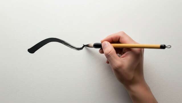 A hand holding a calligraphy brush and drawing a single, elegant black stroke on white paper. - Powered by Adobe