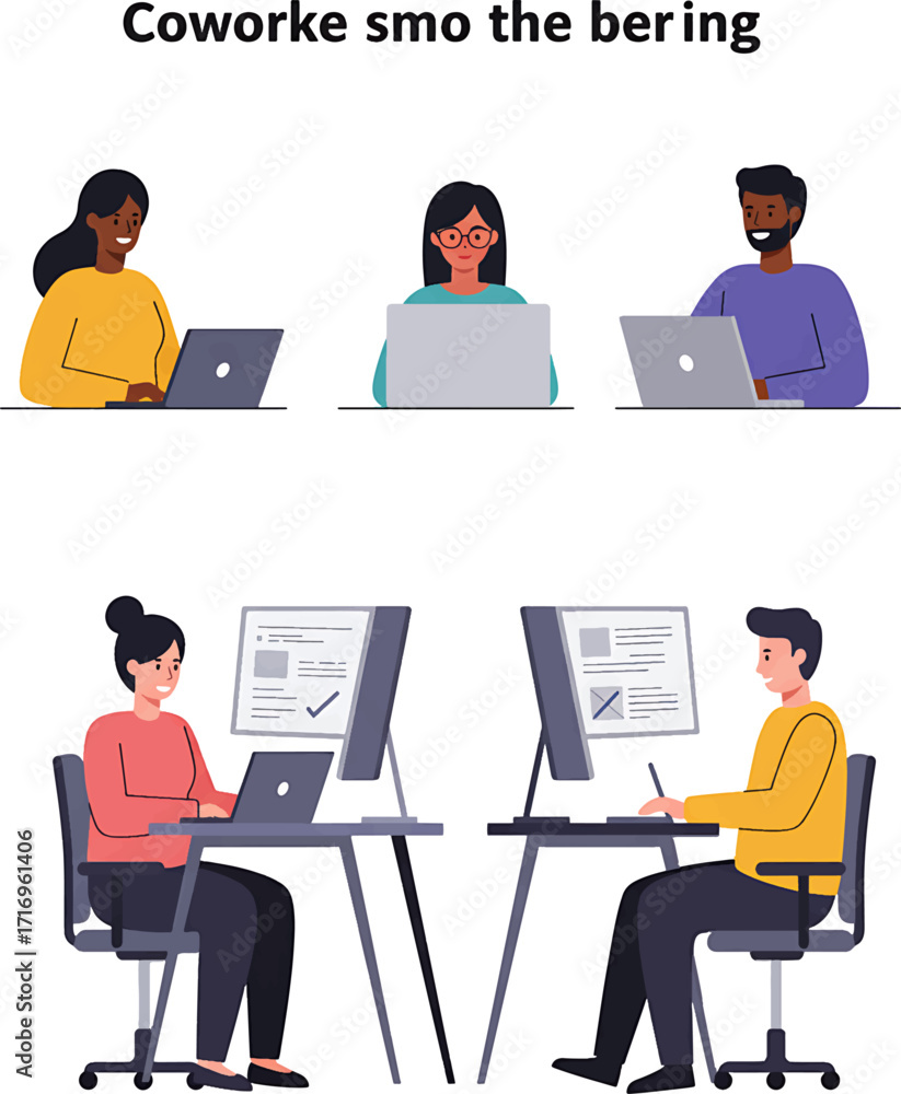 Poster diverse team working on laptops and computers in a modern office.