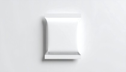 Blank white food packaging.  A pristine, rectangular, white plastic pouch lies flat on a plain white surface.  The pouch's smooth, glossy surface has a slightly curved, oblong shape