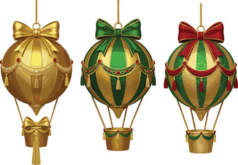 Luxury Christmas ornaments shaped like hot air balloons, gold green and red baubles with bows, tassels, festive holiday tree decorations