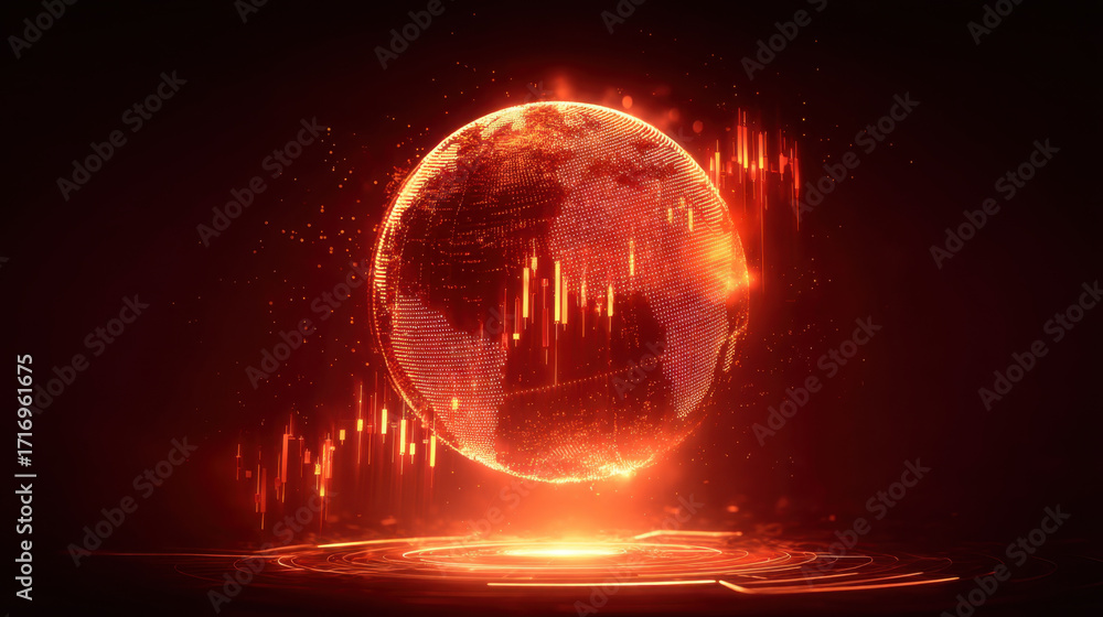 Poster glowing digital globe represents global finance and data analysis, showcasing vibrant red and orange