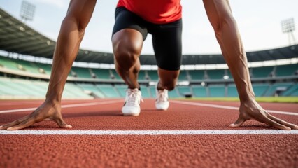 A male sprinter in the starting blocks on a red track, seen from the front.