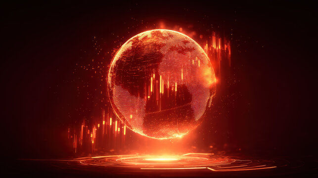 Glowing digital globe represents global finance and data analysis, showcasing vibrant red and orange colors with abstract graphs and data points. This evokes sense of innovation and technology - Powered by Adobe