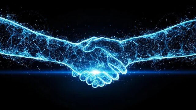 Digital handshake with glowing blue effect video, ai generated