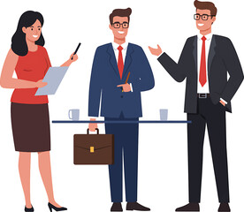 Fototapeta premium Smiling Business Team: Woman with Documents Man with Briefcase and Colleague Gesturing.