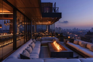 Elegant Rooftop Bar with Fire Pit and Panoramic City View