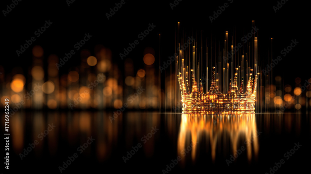 Poster stunning golden crown illuminated with shimmering lights, reflecting beautifully on dark surface. cr