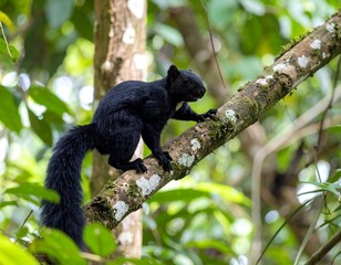 Fototapeta premium Black squirrel on a branch in lush forest
