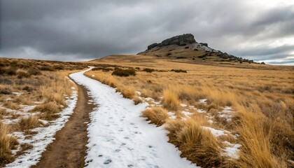 A snowy hiking trail winding through a golden grassland toward a distant rocky butte