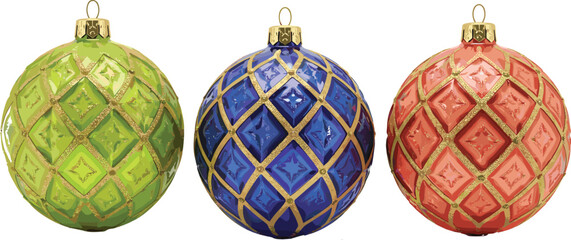 Colorful Christmas ornaments, elegant green blue red baubles, festive holiday decorations, golden diamond pattern, shiny glass balls, seasonal celebration decor