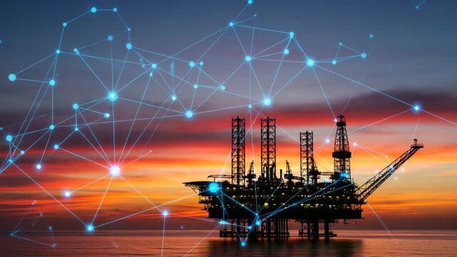 Offshore oil rig with network connections at sunset video, ai generated