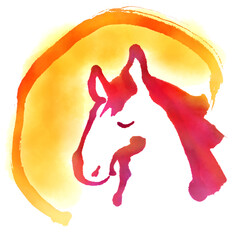筆絵　日の出　馬の横顔