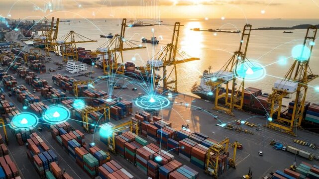 Containers at the port with digital network overlay video, ai generated