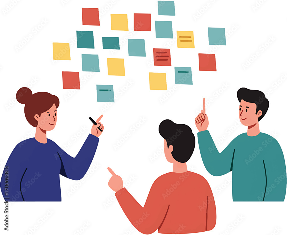 Poster team brainstorming with colorful sticky notes pointing and discussing ideas.