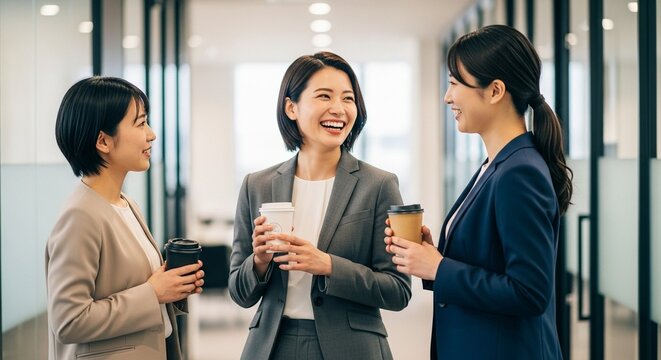 同僚との会話：オフィスの廊下で談笑する日本人女性社員たち