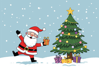 Santa Claus holding Christmas gift, decorated holiday tree with star and presents, festive winter background, cartoon seasonal illustration design
