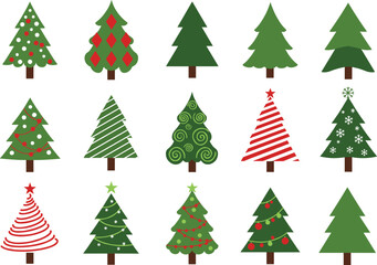 Christmas tree icons collection, festive pine illustrations, decorated fir trees, holiday ornament designs, seasonal winter celebration elements, green and red vector set