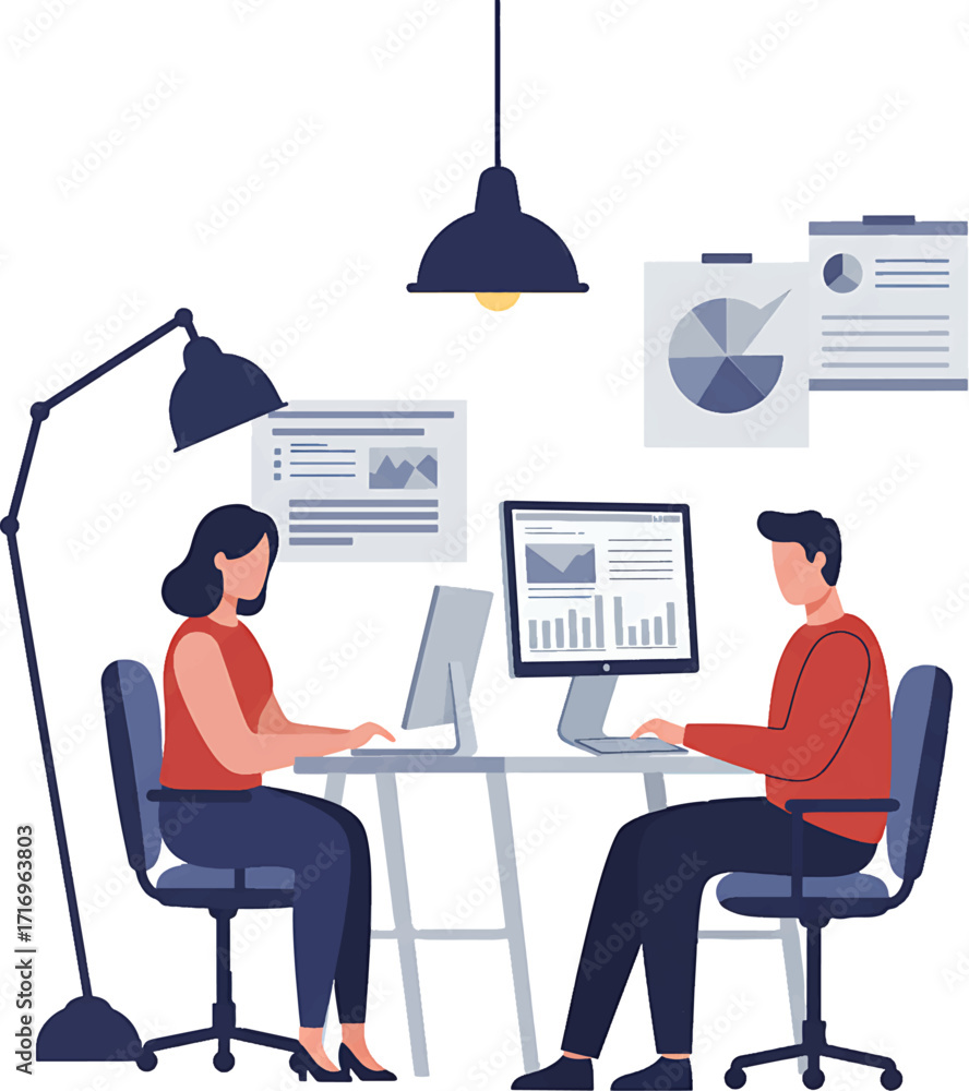 Poster two people working at desks with computers analyzing data office setting.