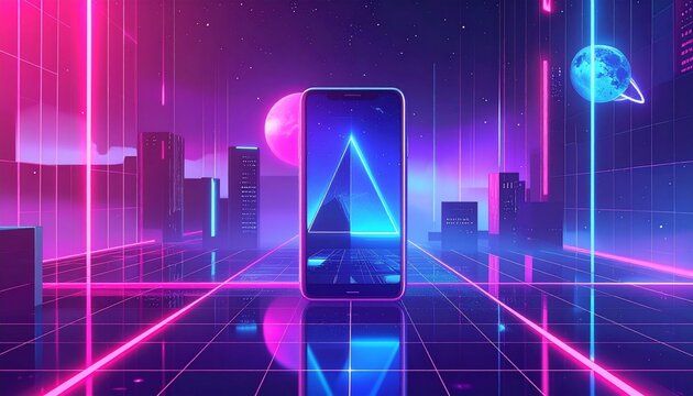 A futuristic cityscape unfolds around a sleek mobile phone, bathed in vibrant neon hues and highlighted by geometric shapes.