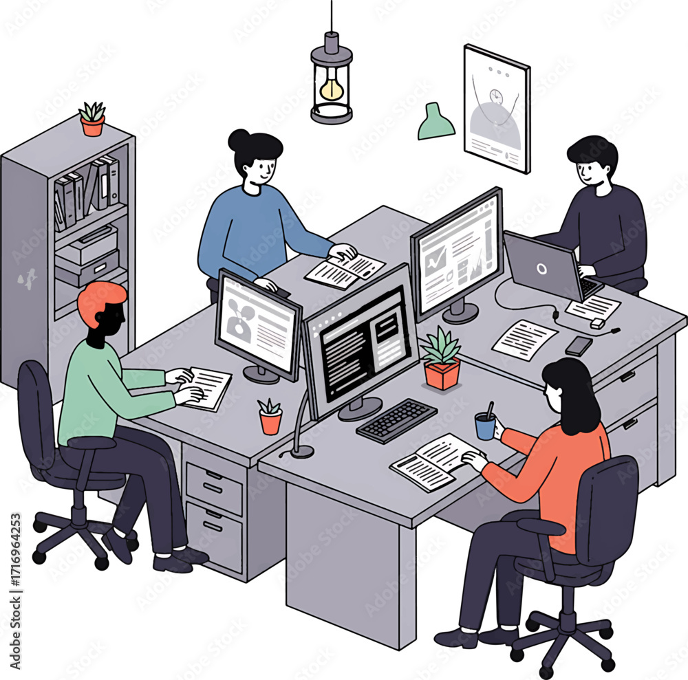 Poster four colleagues collaborating at modern office desk with computers and documents.