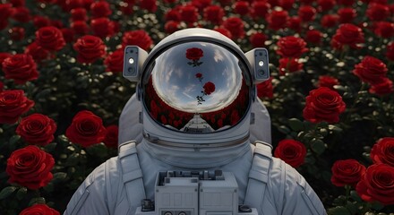 Astronaut Reflecting on Red Roses A Surreal Exploration of Beauty and Space in a Floral Dream