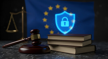 European legislation on personal data privacy, General Data Protection Regulation and justice, law books and gavel with cybersecurity icon
