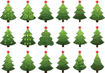 Christmas tree illustration set, decorative holiday trees, green festive pine, Christmas ornament design, star topper, seasonal celebration decoration, vector collection