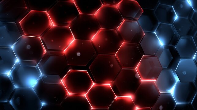 Glowing Red and Blue Hexagons on a Dark Background